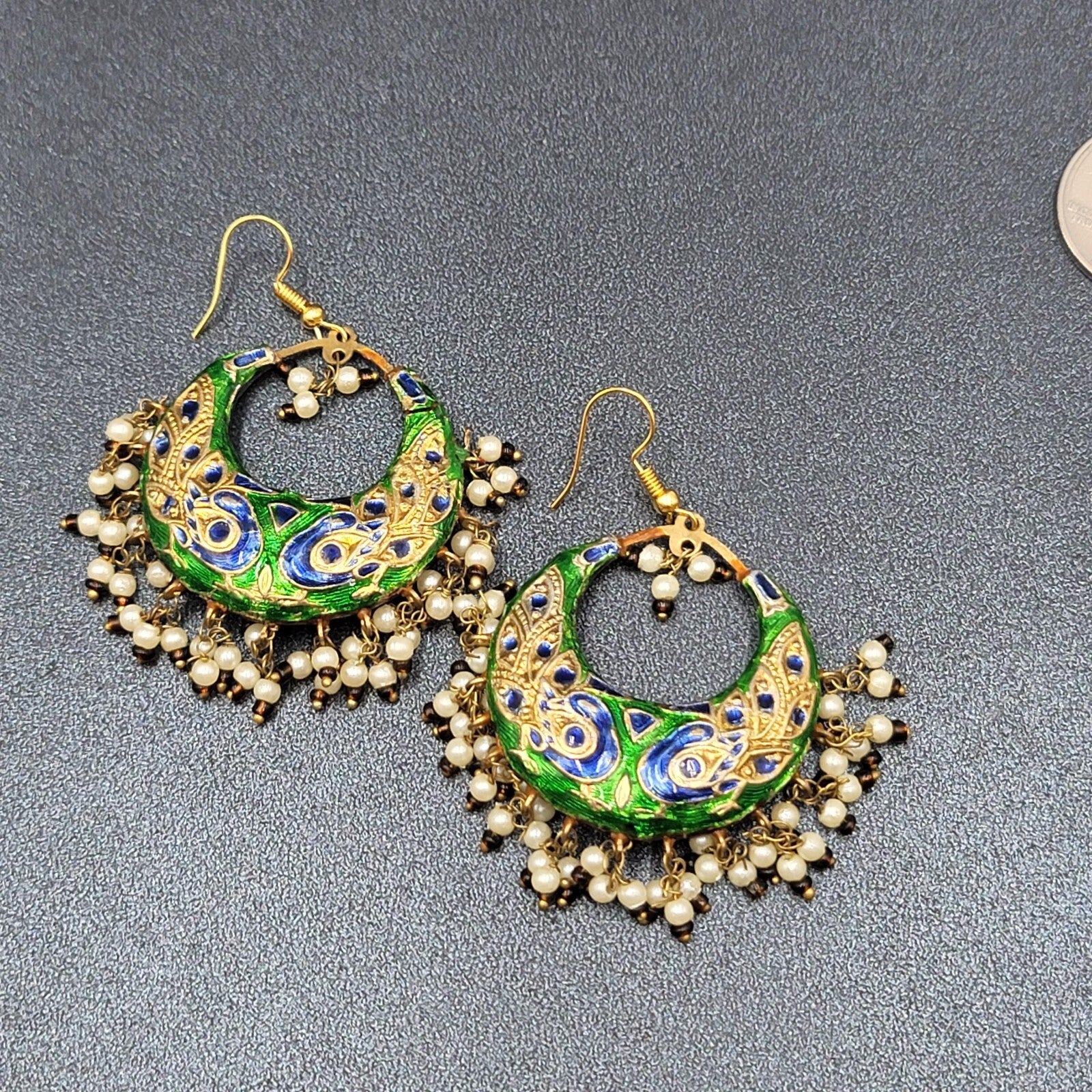 Pierced Earrings Ethnic Gold tone Red Green Beaded 1.75"