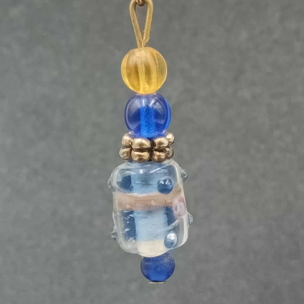 Pierced Earrings Wedding Cake Art Glass Blue Beaded Gold tone Hook Dangle 1 1/8'