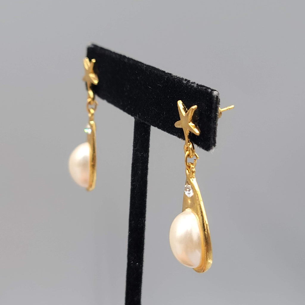 Star Crystal Faux Pearl Pierced Earrings Gold Plated Dangle 1.5 in