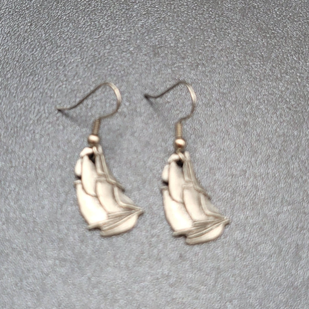 Vintage Ship Pierced Earrings Pewter Silver tone Dangle Nautical 7/8"