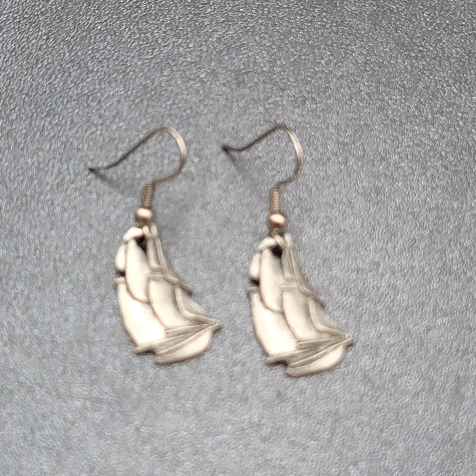 Vintage Ship Pierced Earrings Pewter Silver tone Dangle Nautical 7/8"
