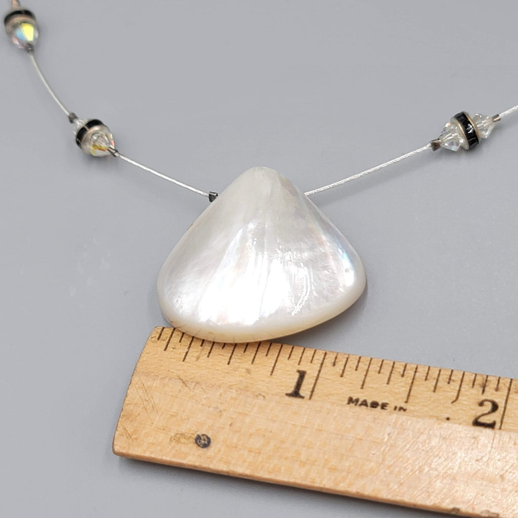 Shell Pendant Necklace Crystal Station Silver tone 18"