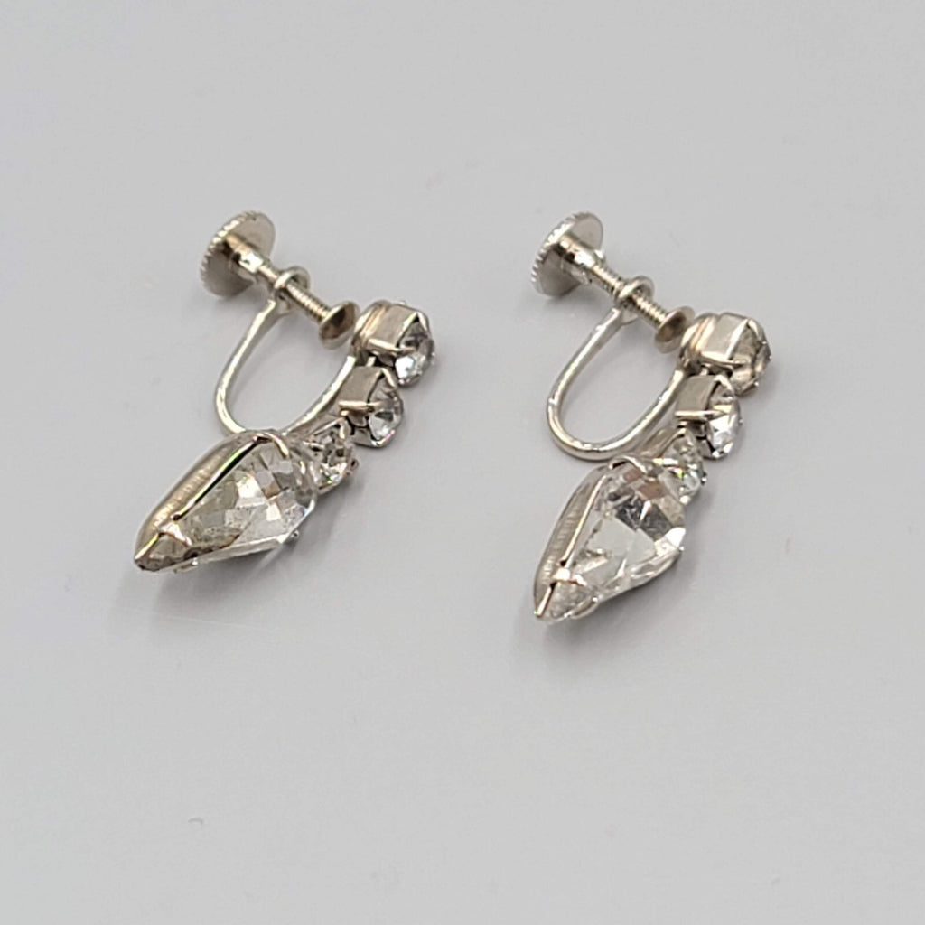 Vintage Rhinestone Clip on Earrings Silver tone Screw Back Drop 1 1/8"