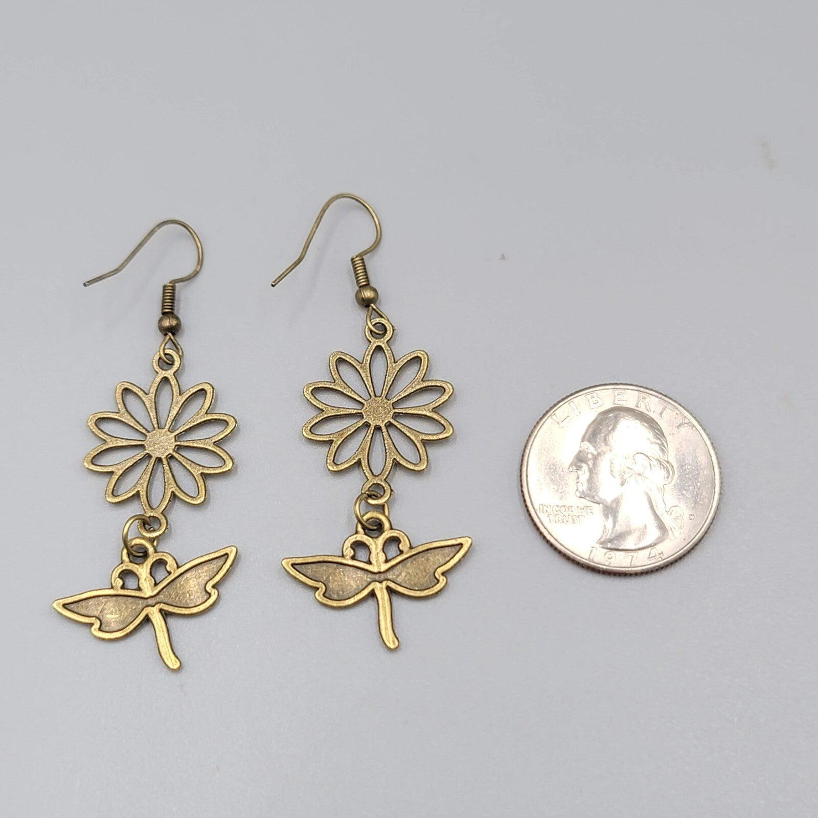 Dragonfly Flower Pierced Earrings Bronze tone Dangle NEW 1 5/8"