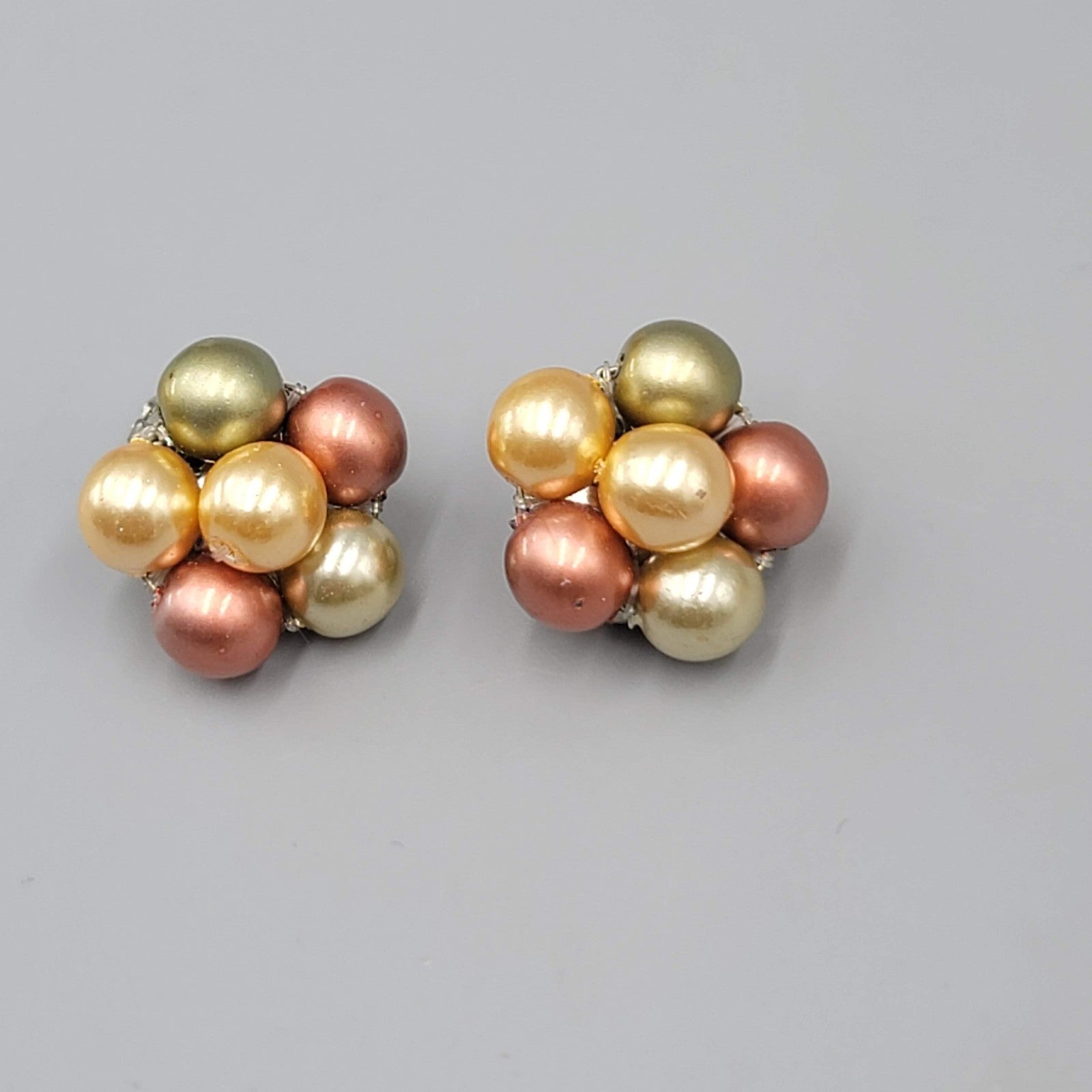 Vintage Cluster Clip on Earrings Green Gold tone Rose Bead 3/4"