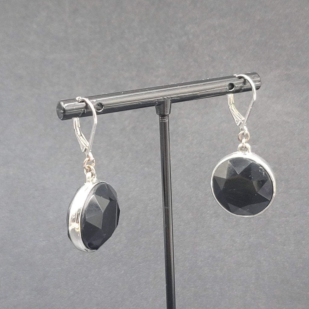 Pierced Earrings Silver tone Acrylic Black Faceted Dangle 1"