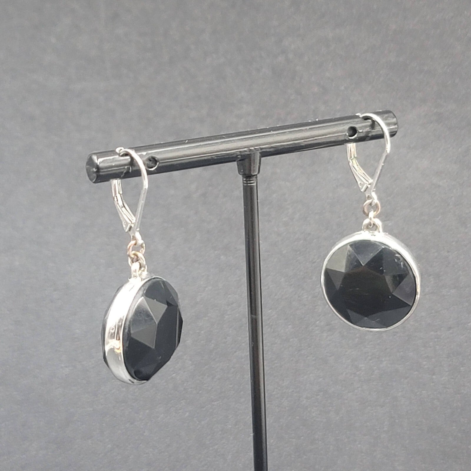 Pierced Earrings Silver tone Acrylic Black Faceted Dangle 1"