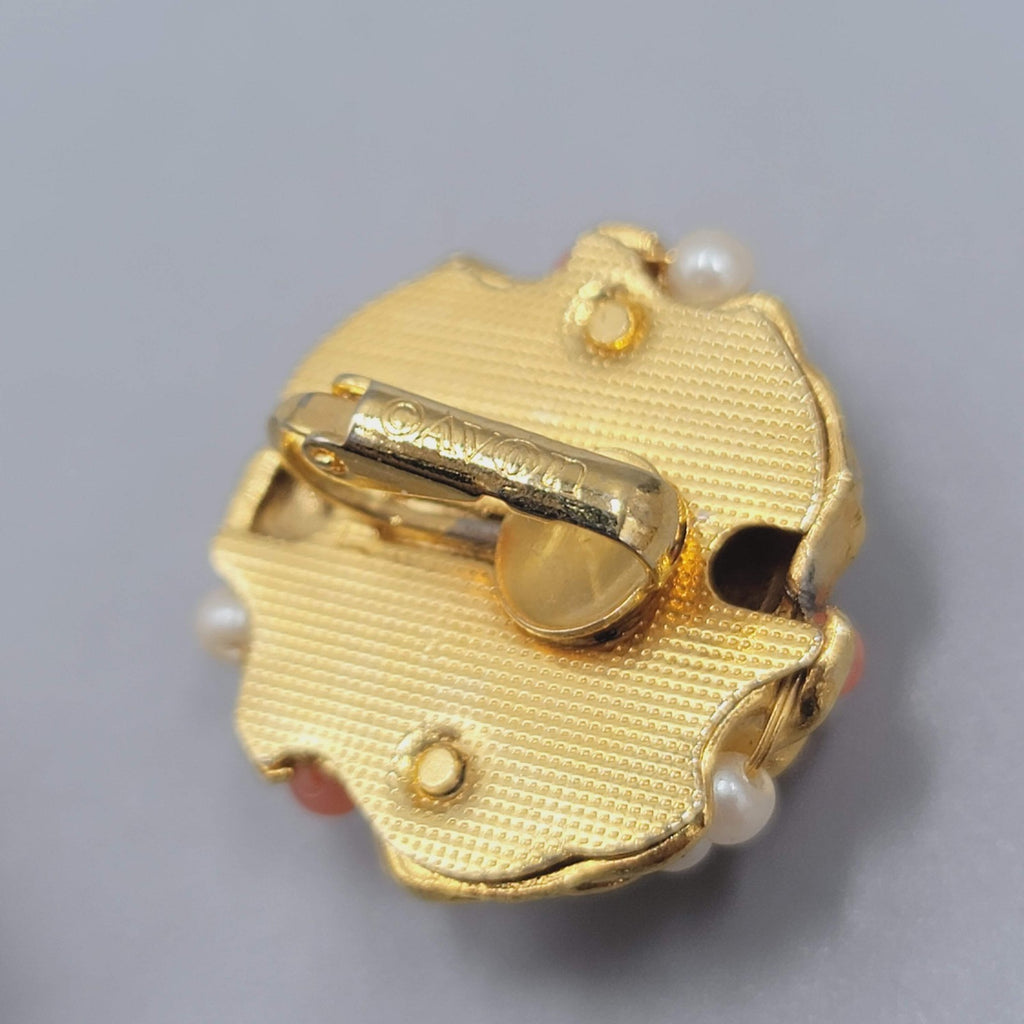 Vintage Avon Clip on Earrings Gold tone Pink White Bead Drop 1"