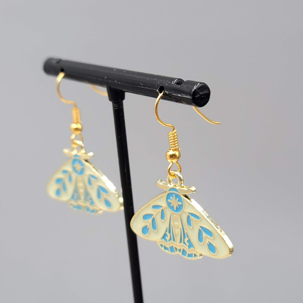Moth Pierced Earrings Gold tone Yellow Blue Enamel Dangle 3/4"