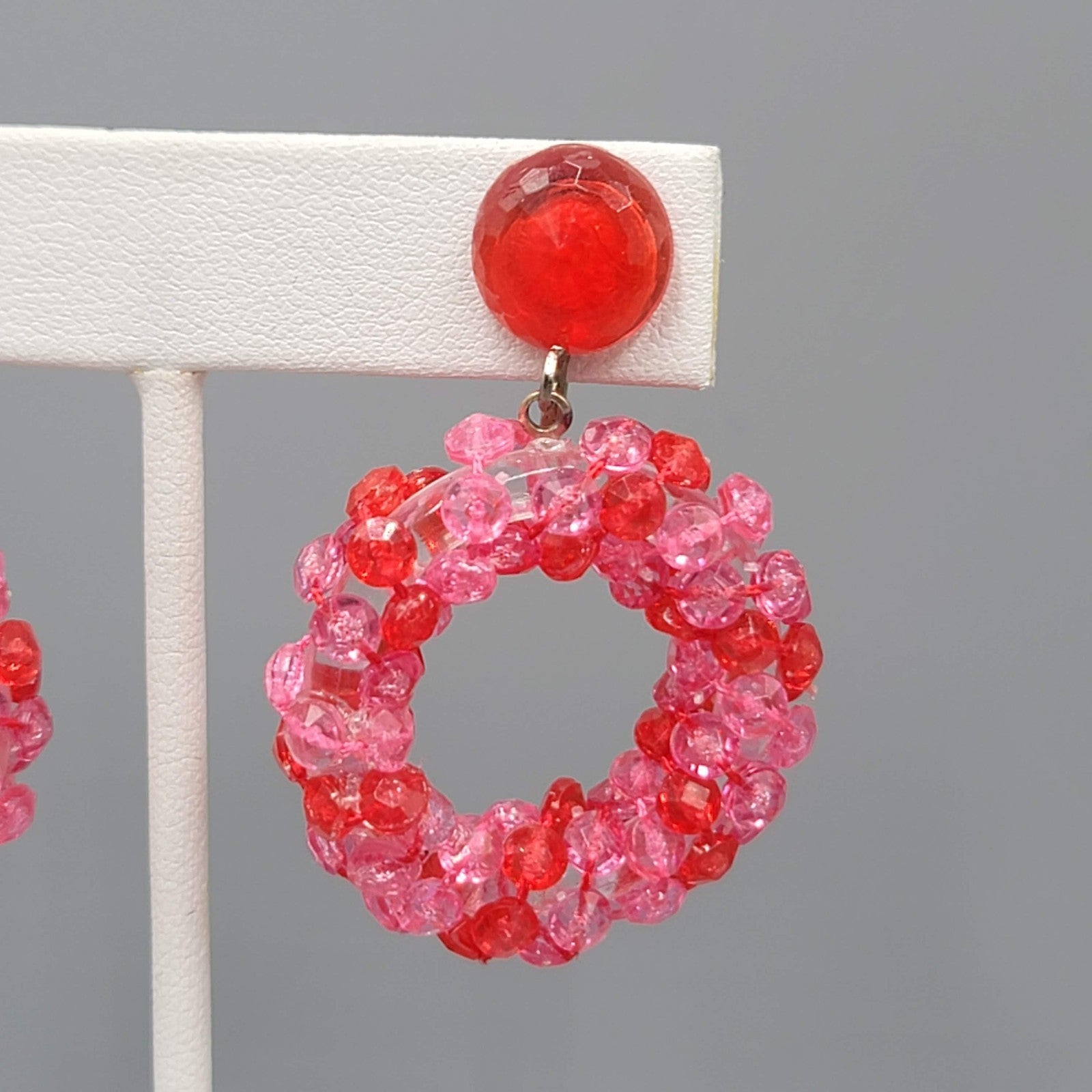 Vintage Pink Bead Wreath Clip on Earrings Dangle 2"