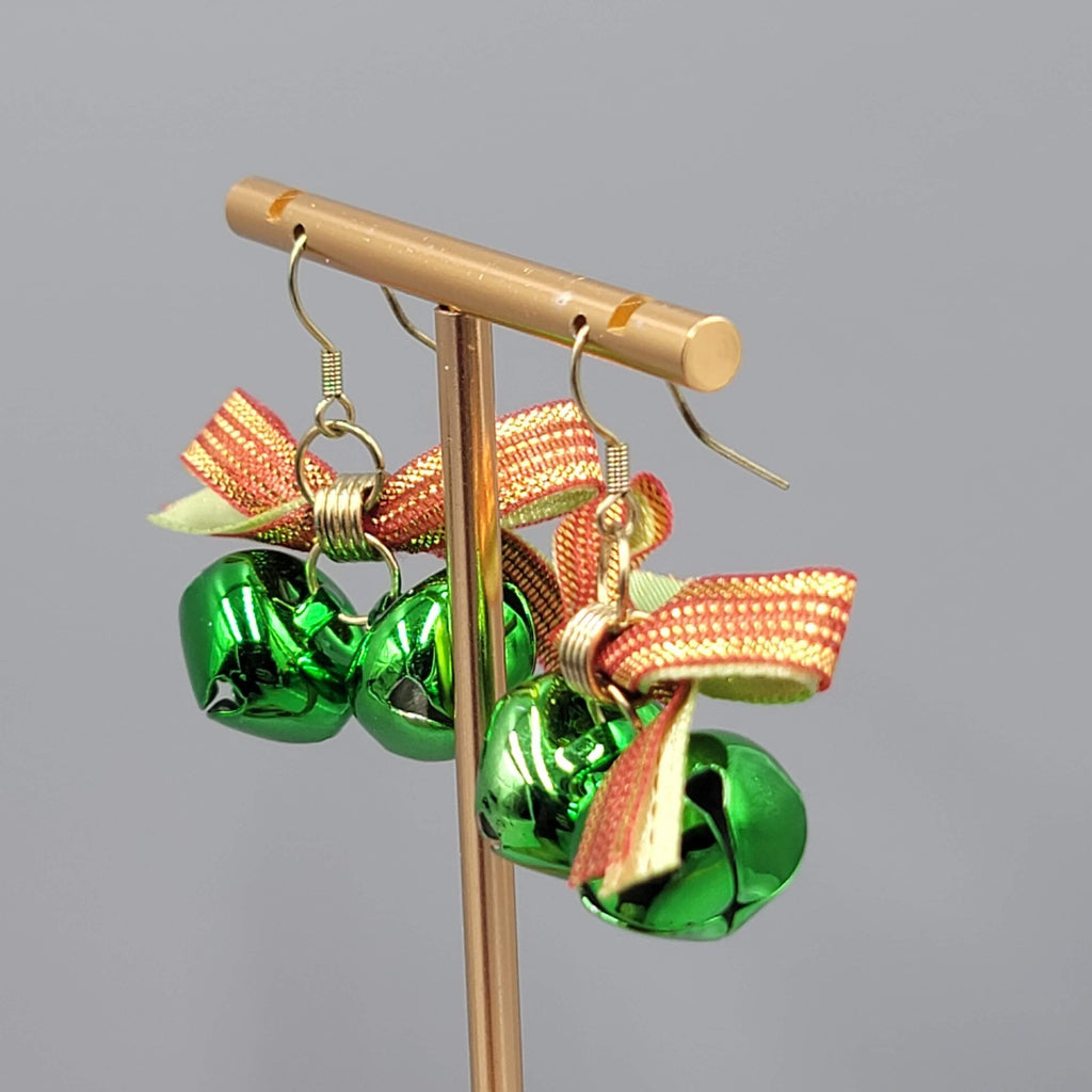 Christmas Jingle Bells Ribbon Pierced Earrings Gold tone Dangle 1 in