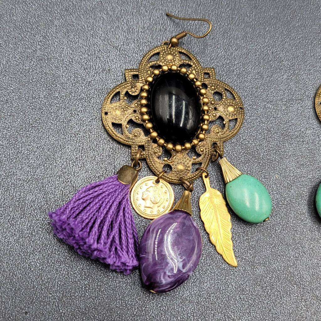 Pierced Earrings Large Statement Bronze tone Purple Tassel Boho Charms 3.5"