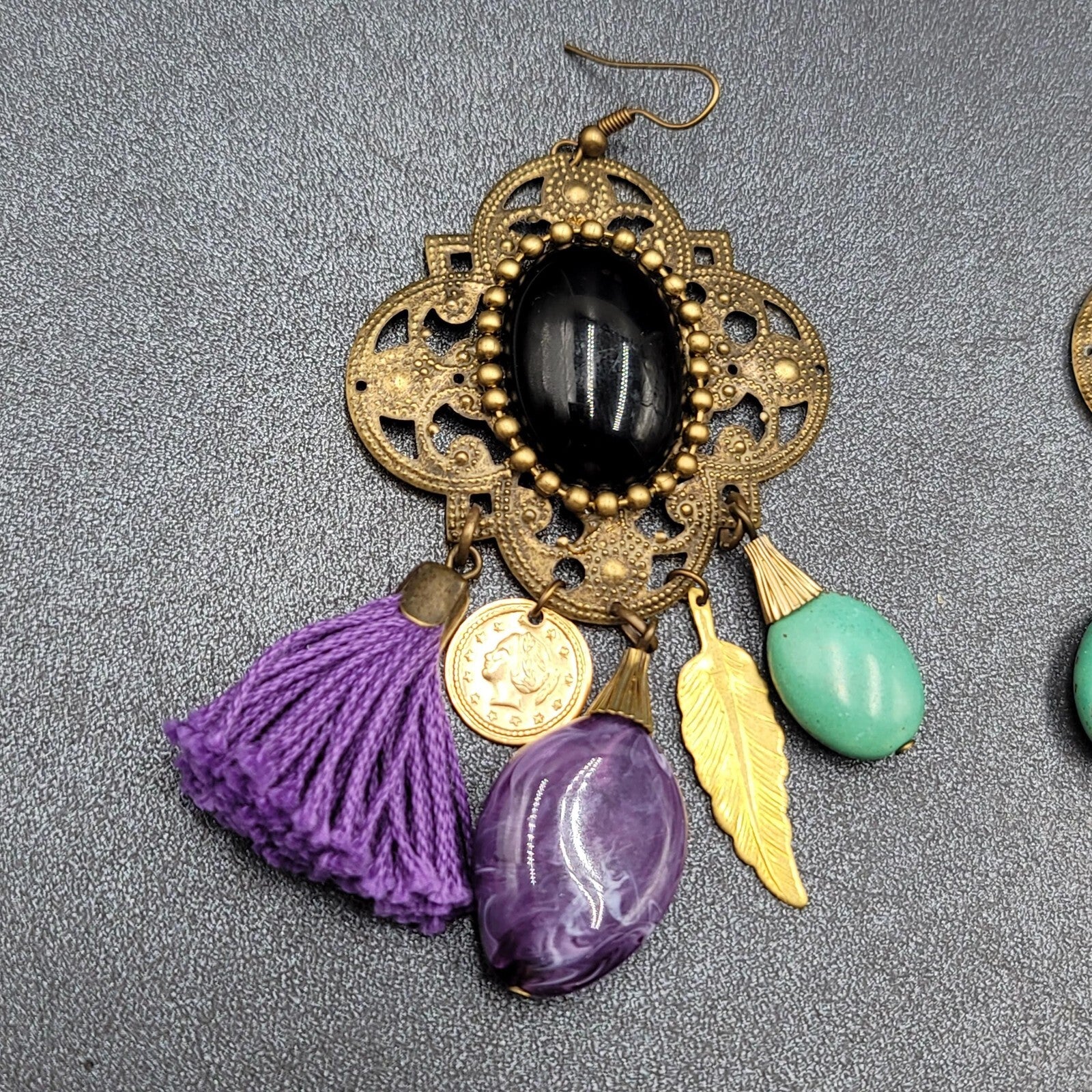 Pierced Earrings Large Statement Bronze tone Purple Tassel Boho Charms 3.5"