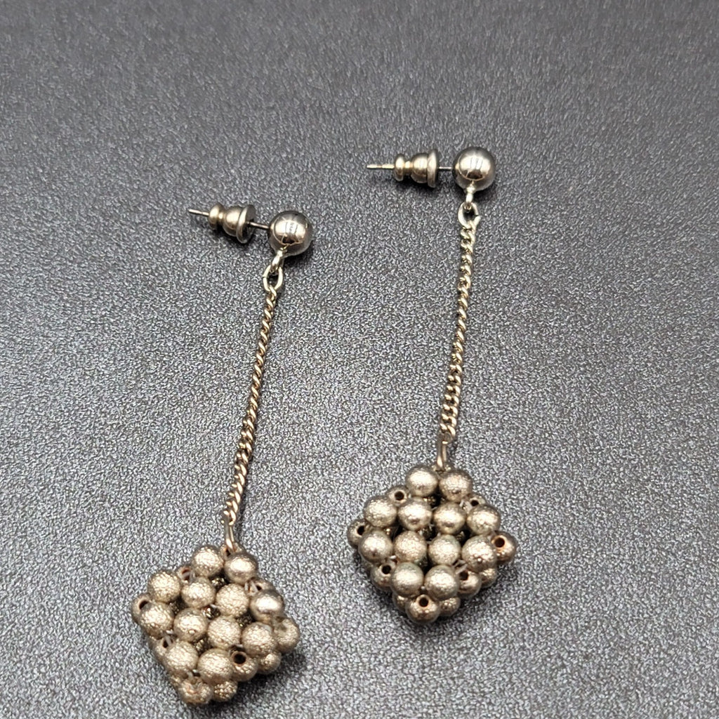 Vintage Pierced Earrings Silver tone Bead Cluster Dangle Unique 2.5"