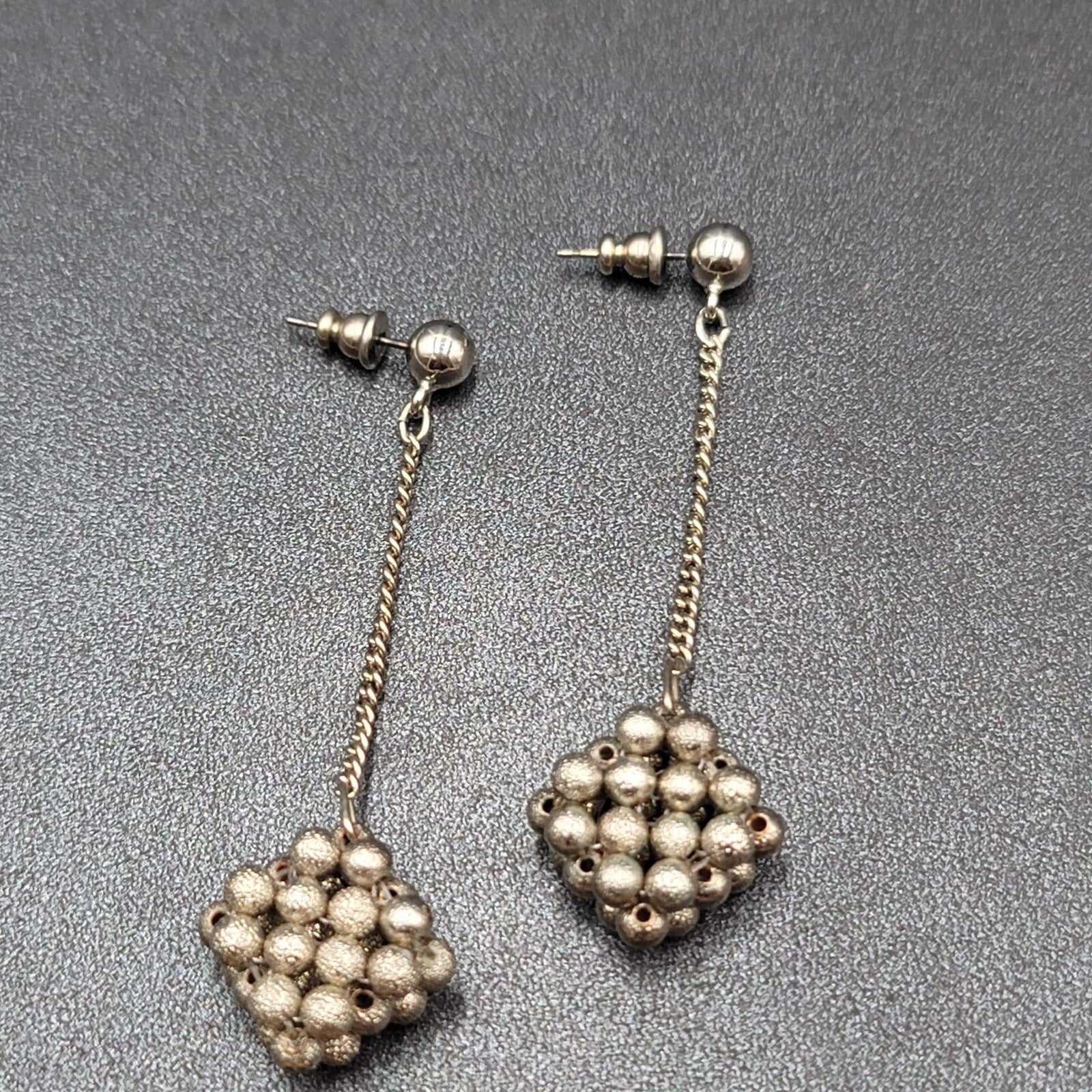 Vintage Pierced Earrings Silver tone Bead Cluster Dangle Unique 2.5"