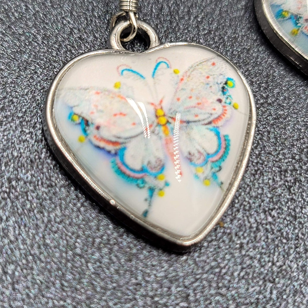 Butterfly Heart Pierced Earrings Silver tone Dangle Glass Cover 1"