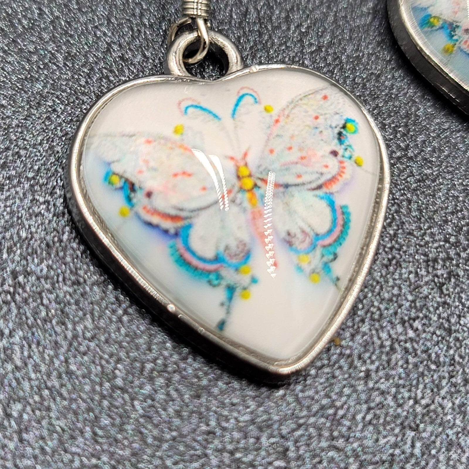 Butterfly Heart Pierced Earrings Silver tone Dangle Glass Cover 1"