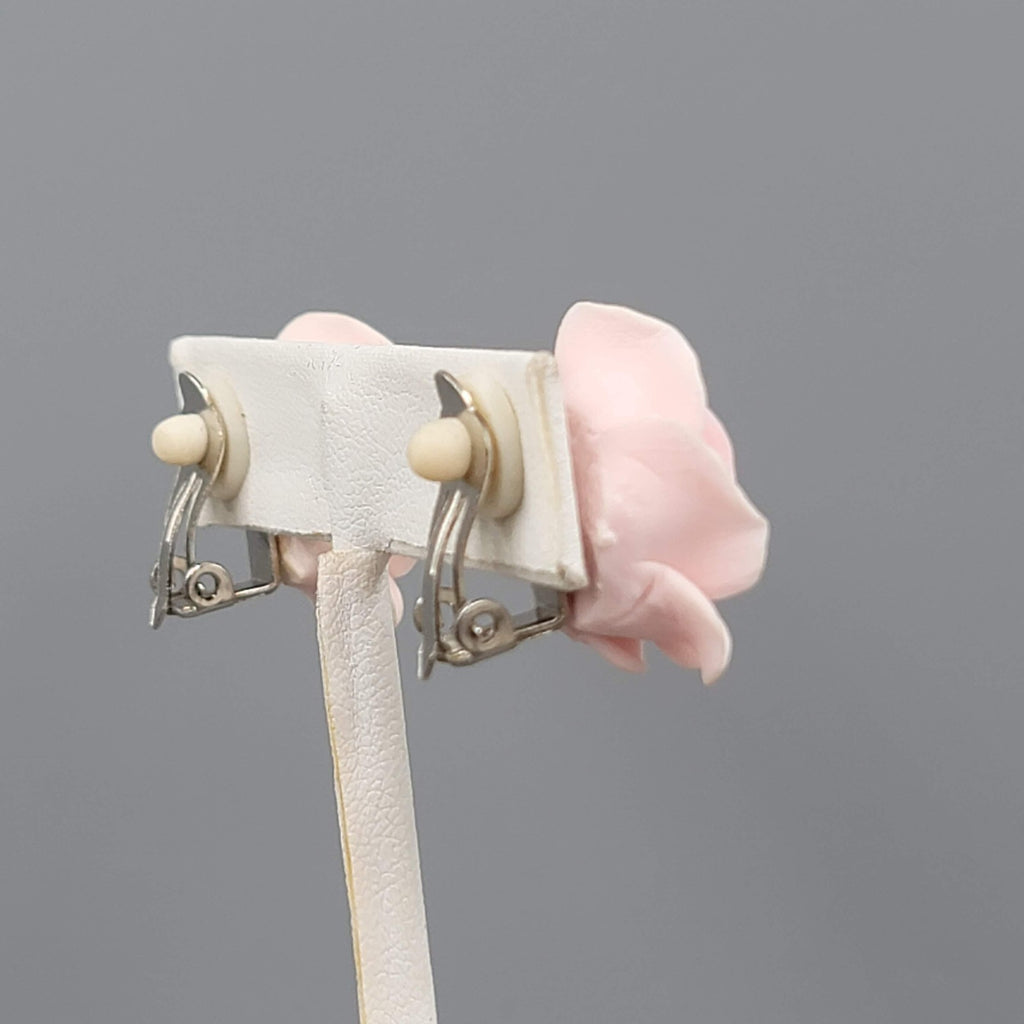 Vintage Pink Flowers Clip on Earrings 3D Statement Acrylic 7/8 in