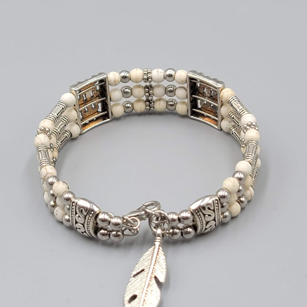 White Stone Bead Bracelet Triple Strand Silver tone Feather Charm 6.75"