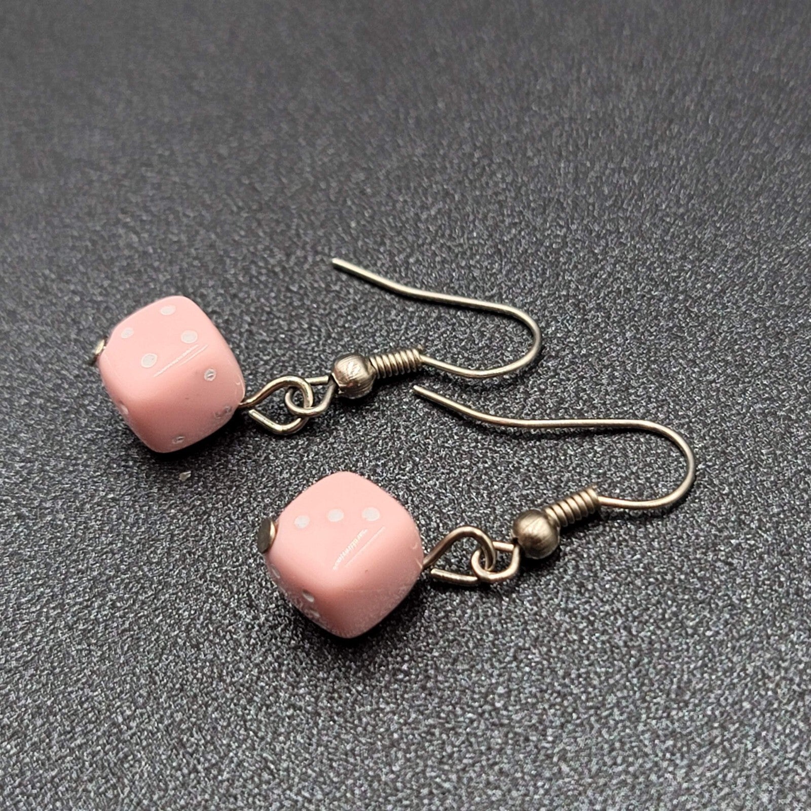 Pierced Earrings Silver tone Pink White Dice Dangle Small 3/8"