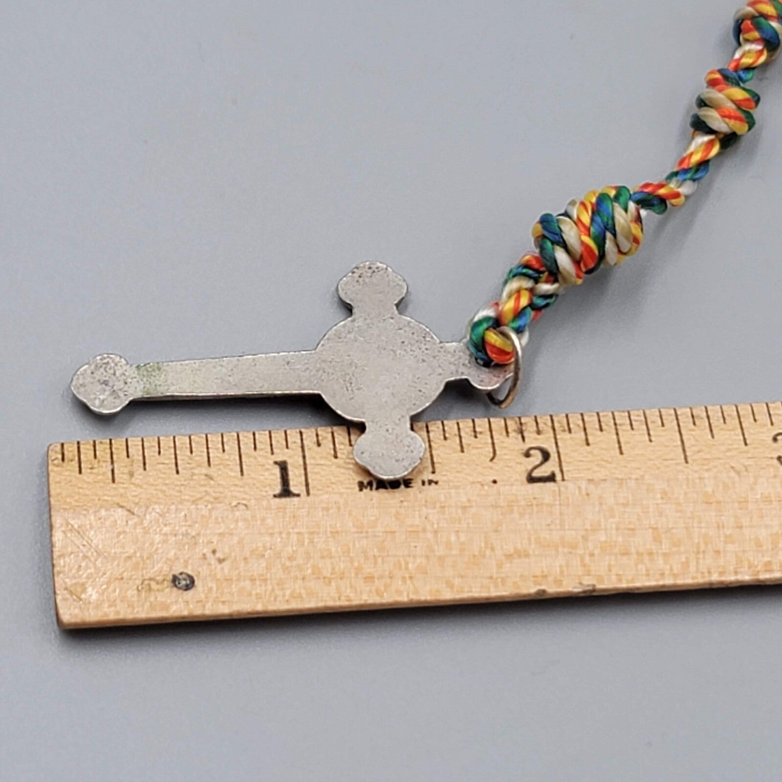 Hand Knotted Rosary Multi Color Thread Silver tone Crucifix Hand Made