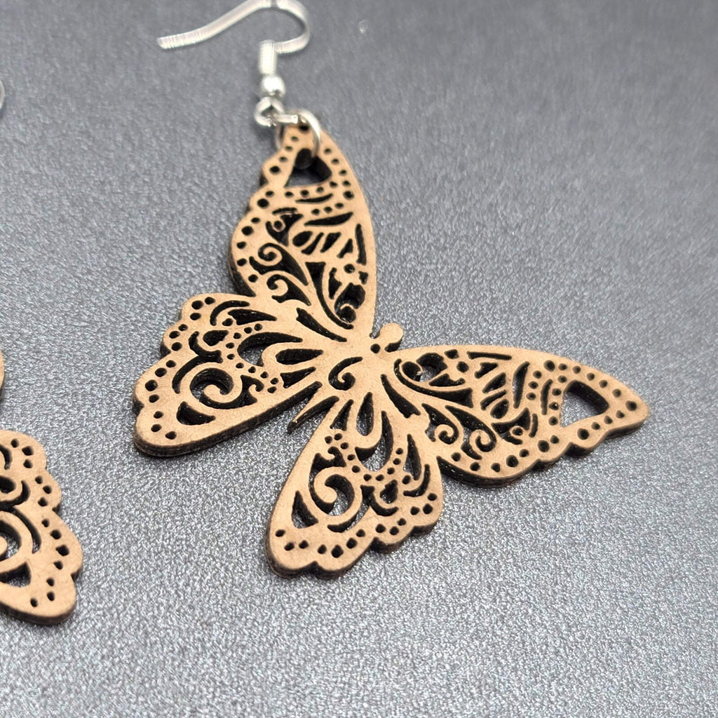 Butterfly Pierced Earrings Wood Cut Open Work Dangle 1 5/8"