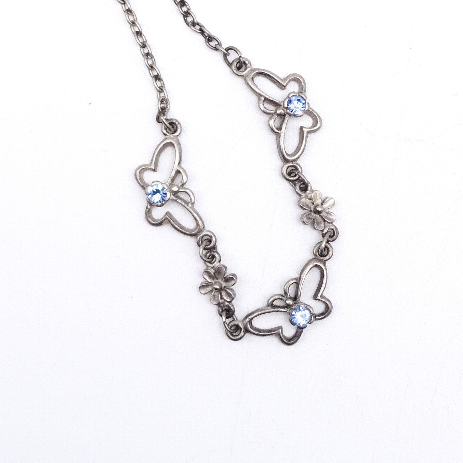Silver tone Chain Butterfly Necklace Blue Rhinestone Accents Collar  14" - 16"