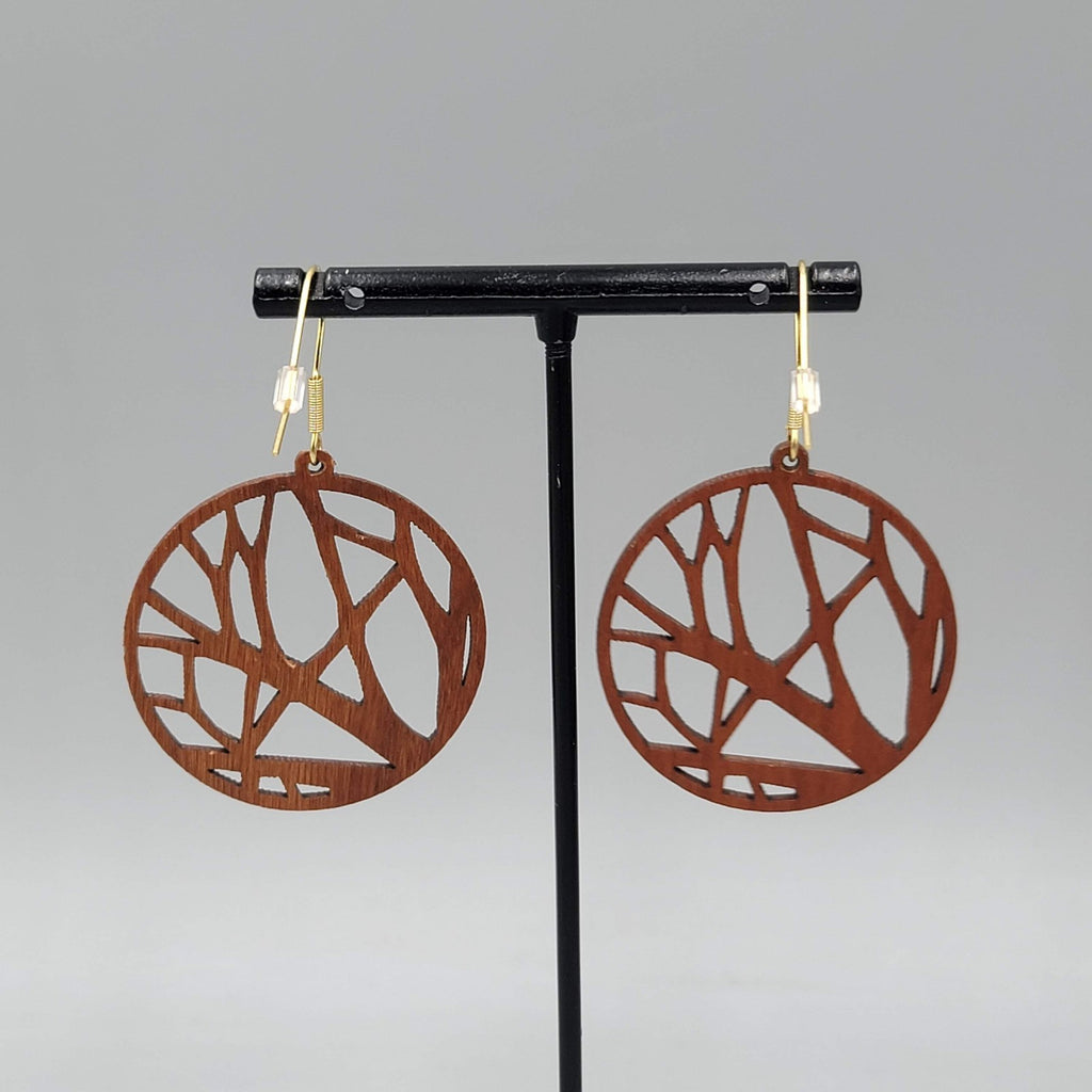 Laser Cut Wood Pierced Earrings Round Gold tone Dangle 1.5 in