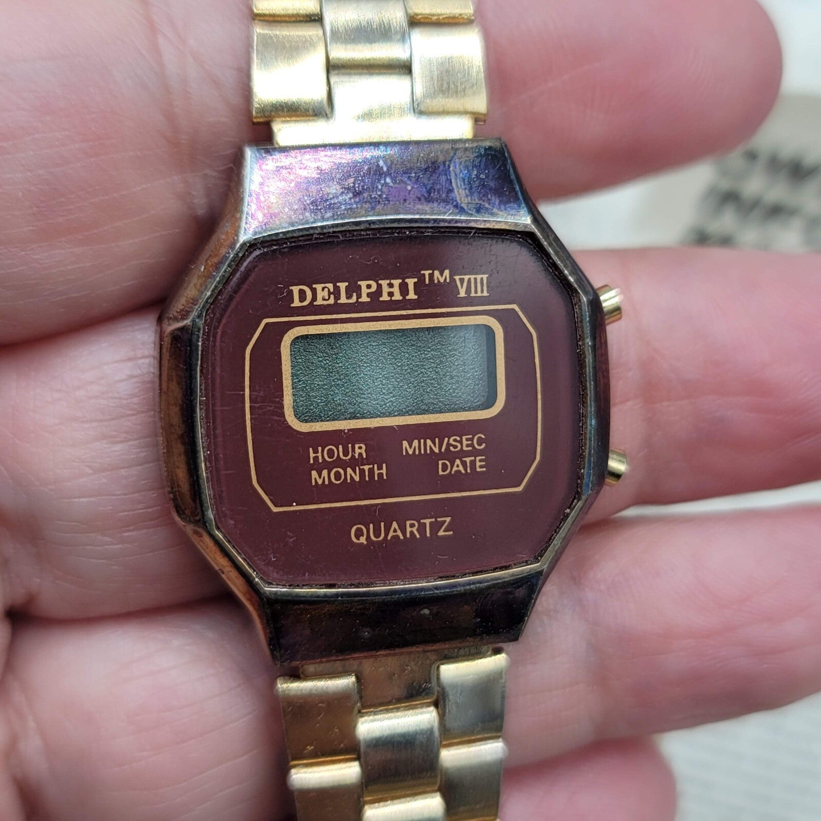 Vintage DELPHI VIII Mens Gold LCD Digital Hong Kong Watch Untested