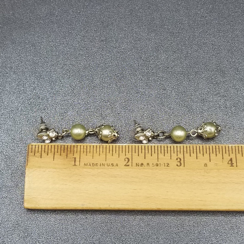 AVON Pierced Earrings Silver tone Capped Green Bead Dangle 1.75"