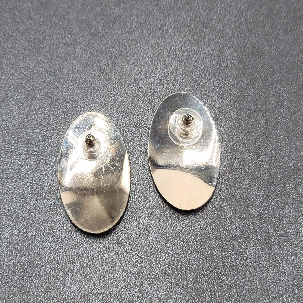 Vintage Pierced Earrings Tan Blue Oval Enamel Drop 1.5"