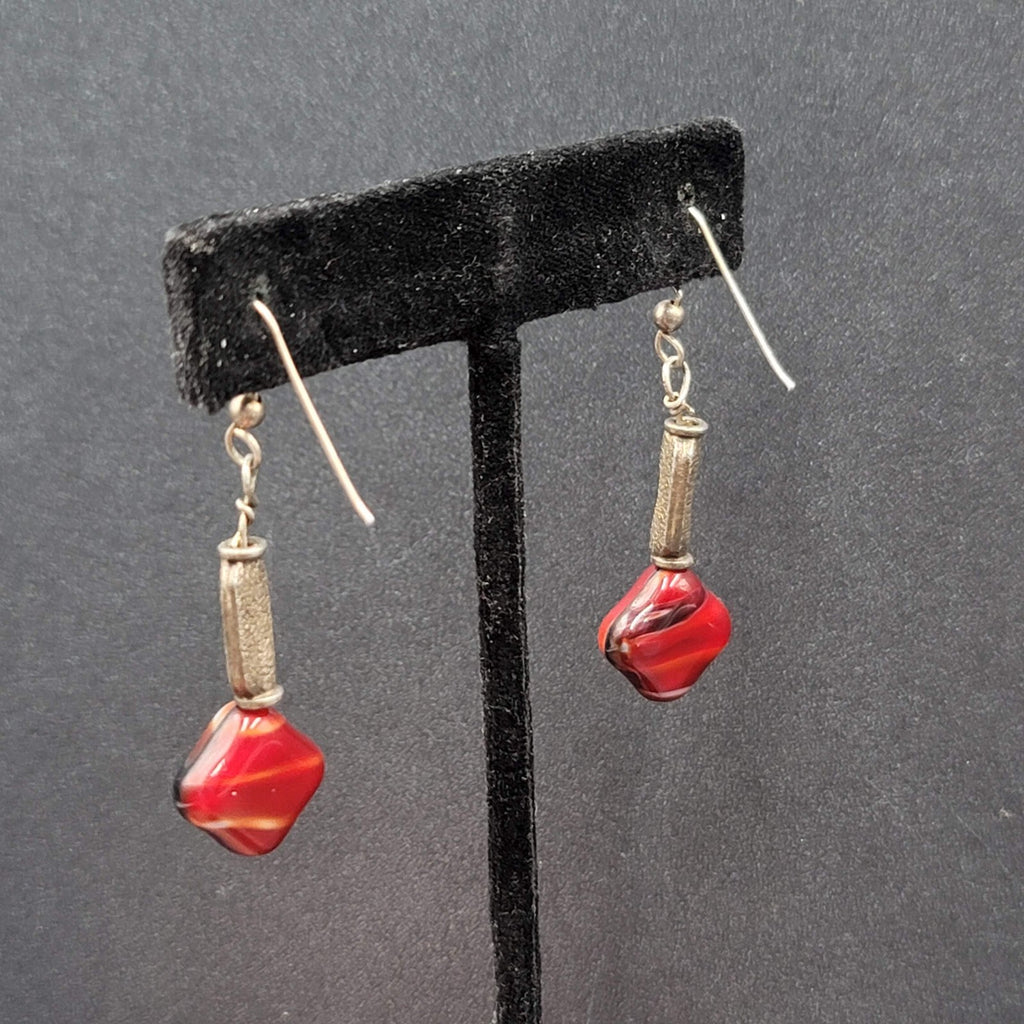 Pierced Earrings Silver tone Red Art Glass Square Bead Dangle 1.25"