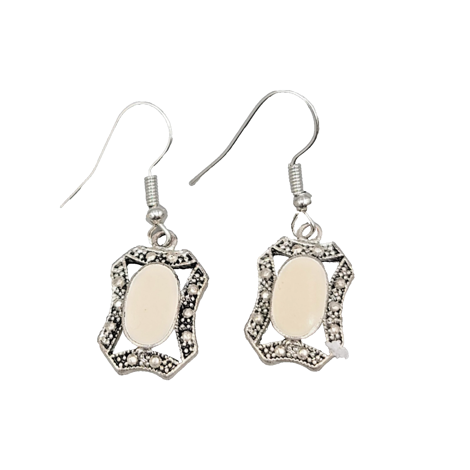 Pierced Cream Enamel Earrings Silver tone Dangle  3/4"