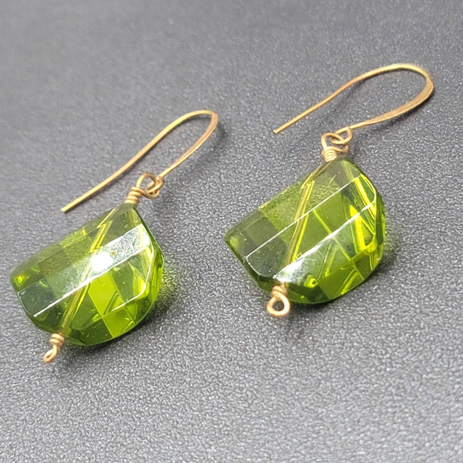 Pierced Earrings Copper tone Green Art Glass Faceted Bead 1.25"