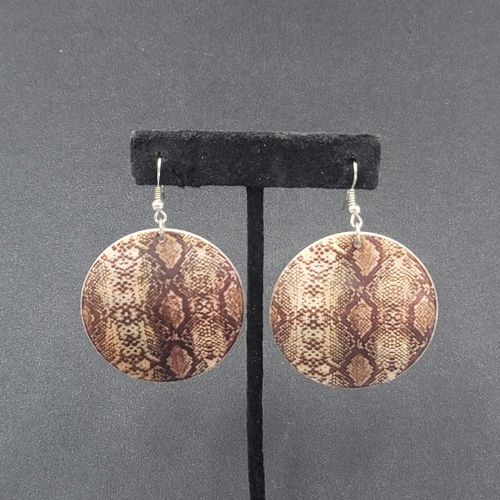 Pierced Earrings Snake Skin Print on Sea Shell 1.75"
