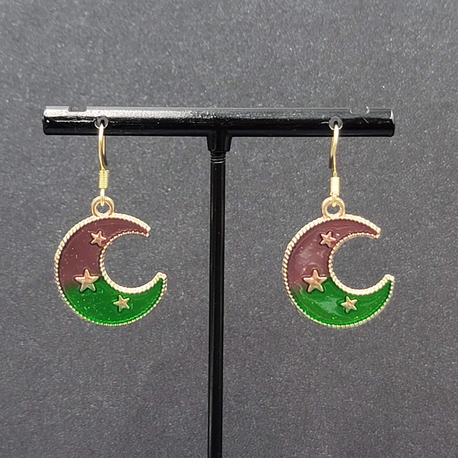New Crescent Moon Pierced Earrings Gold tone Purple Green Enamel Dangle 7/8"