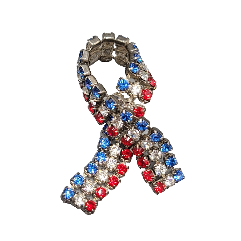 Vintage Red White Blue Prong Set Rhinestone Patriotic Ribbon Lapel Pin 1.5"