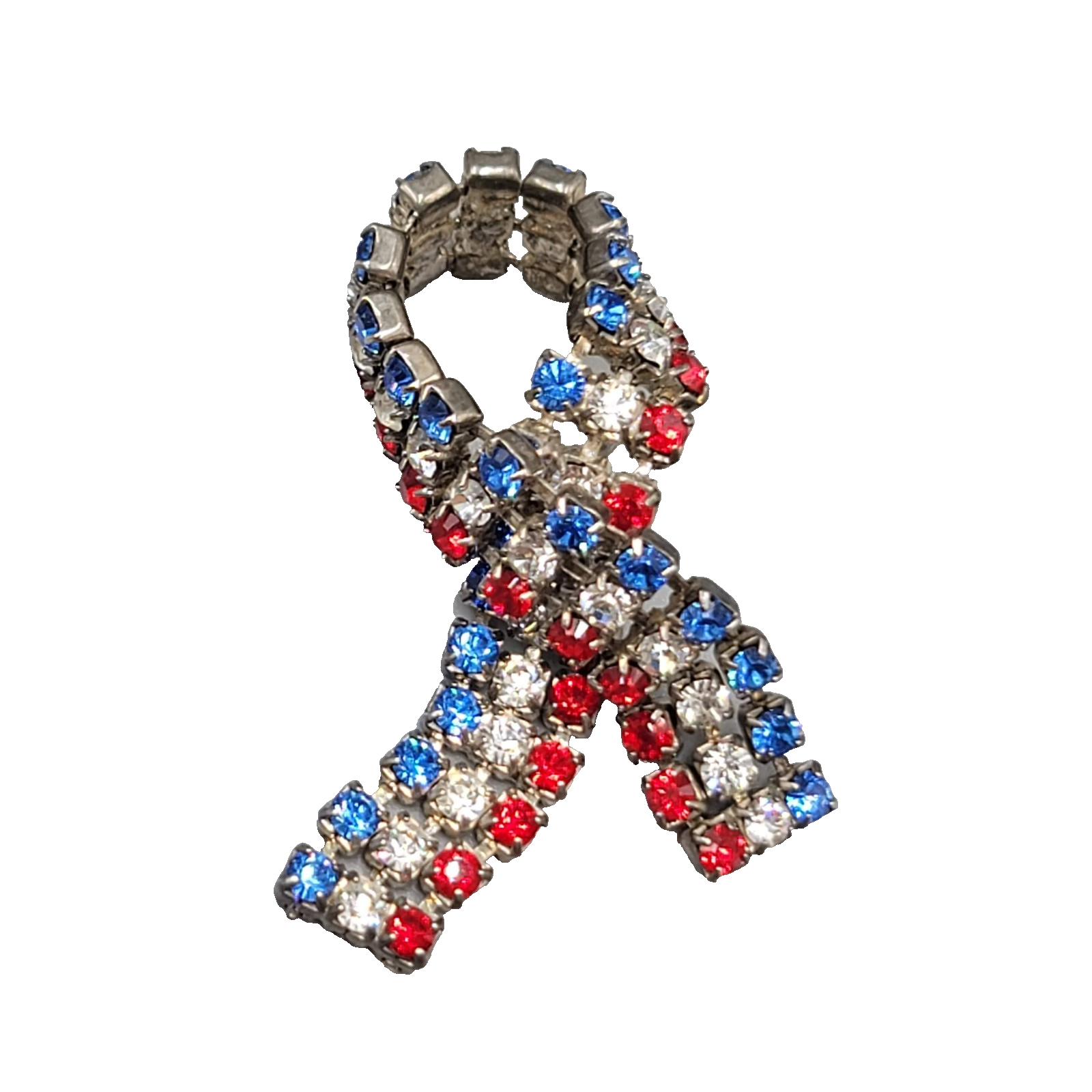 Vintage Red White Blue Prong Set Rhinestone Patriotic Ribbon Lapel Pin 1.5"