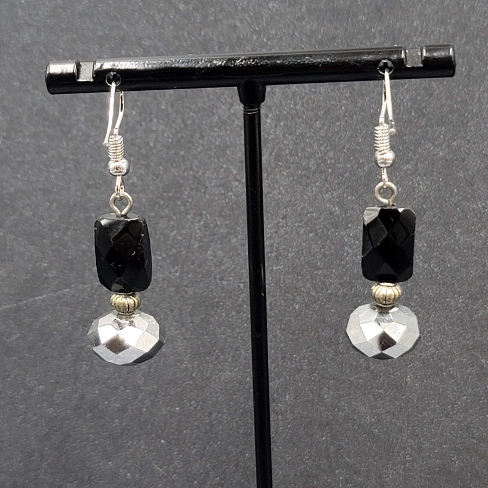 Pierced Earrings Black Glass Bead Silver tone Dangle 1.25"