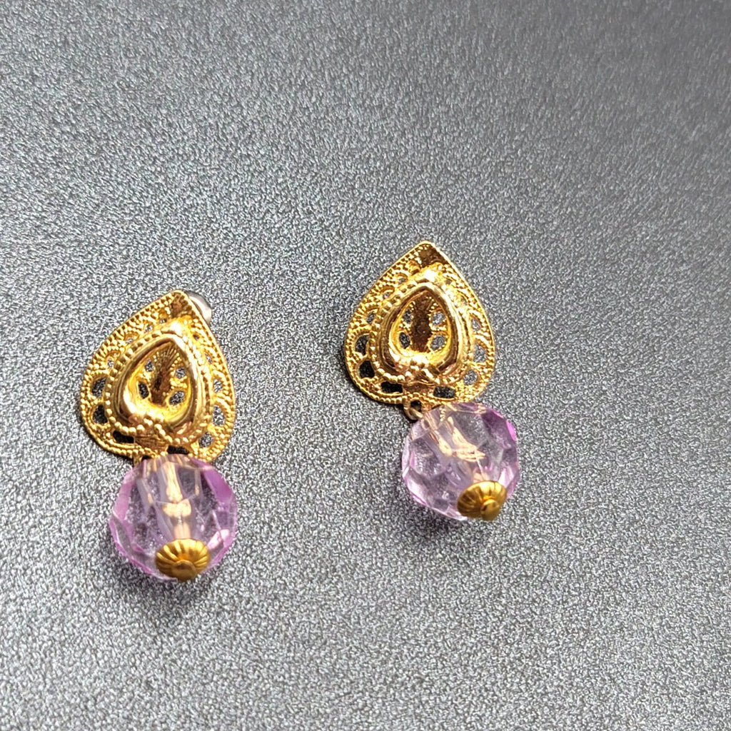Pierced Earrings Gold tone Purple Plastic Bead Dangle 1.25"