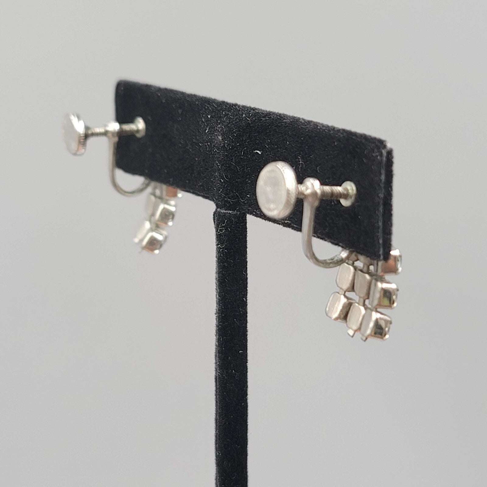 Vintage Dangle Rhinestone Clip on Earrings Silver tone Screw Back 3/4"