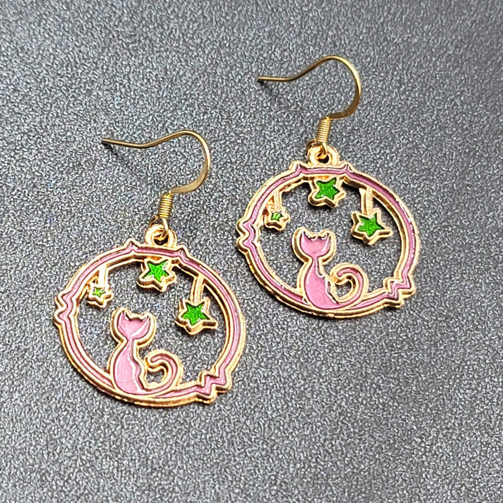 New Cat Pierced Earrings Gold tone Green Stars Purple Enamel Dangle 7/8"