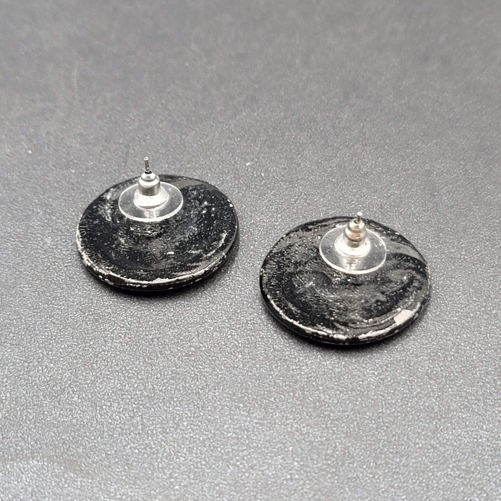 Vintage Pierced Earrings Purple Black Enamel over Metal Round Drop 1"