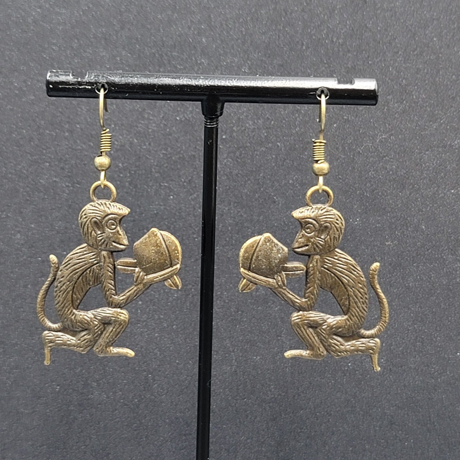 New Monkey Pierced Earrings Bronze tone Dangle 1.25"