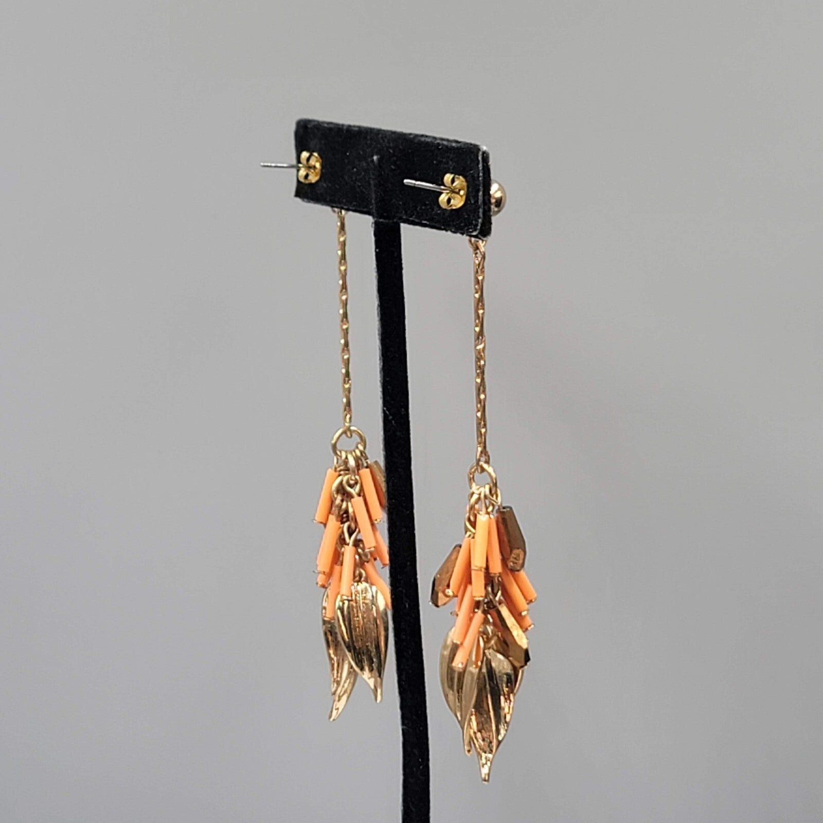 Vintage Pierced Earrings Gold tone Leaf Charms Peach Beads LONG 3.75"