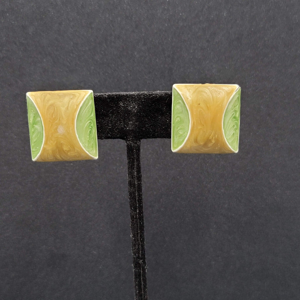 Vintage Clip on Earrings Green Yellow White Enamel Squares 7/8"