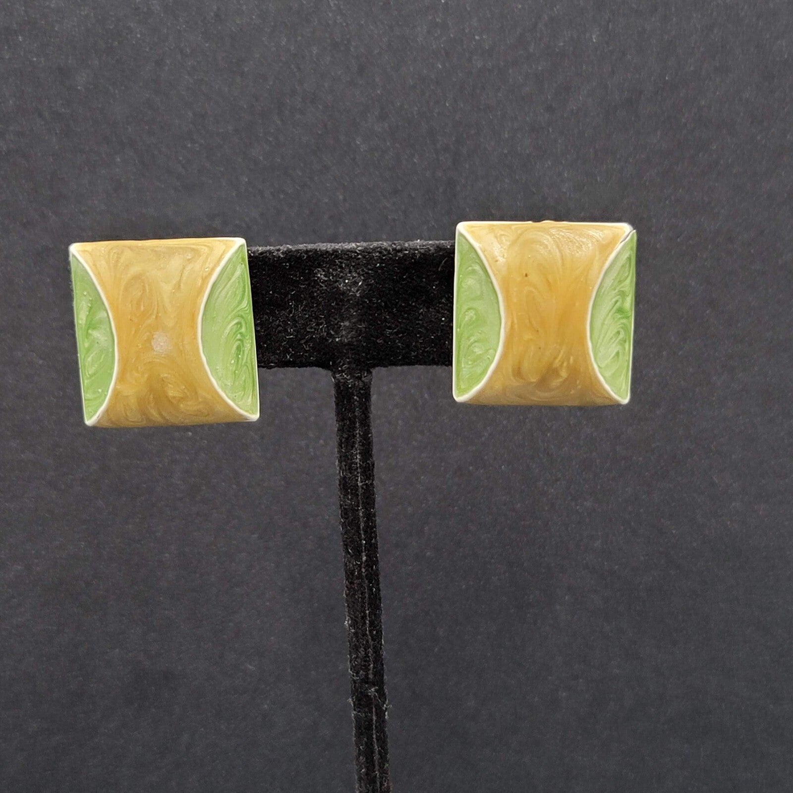 Vintage Clip on Earrings Green Yellow White Enamel Squares 7/8"