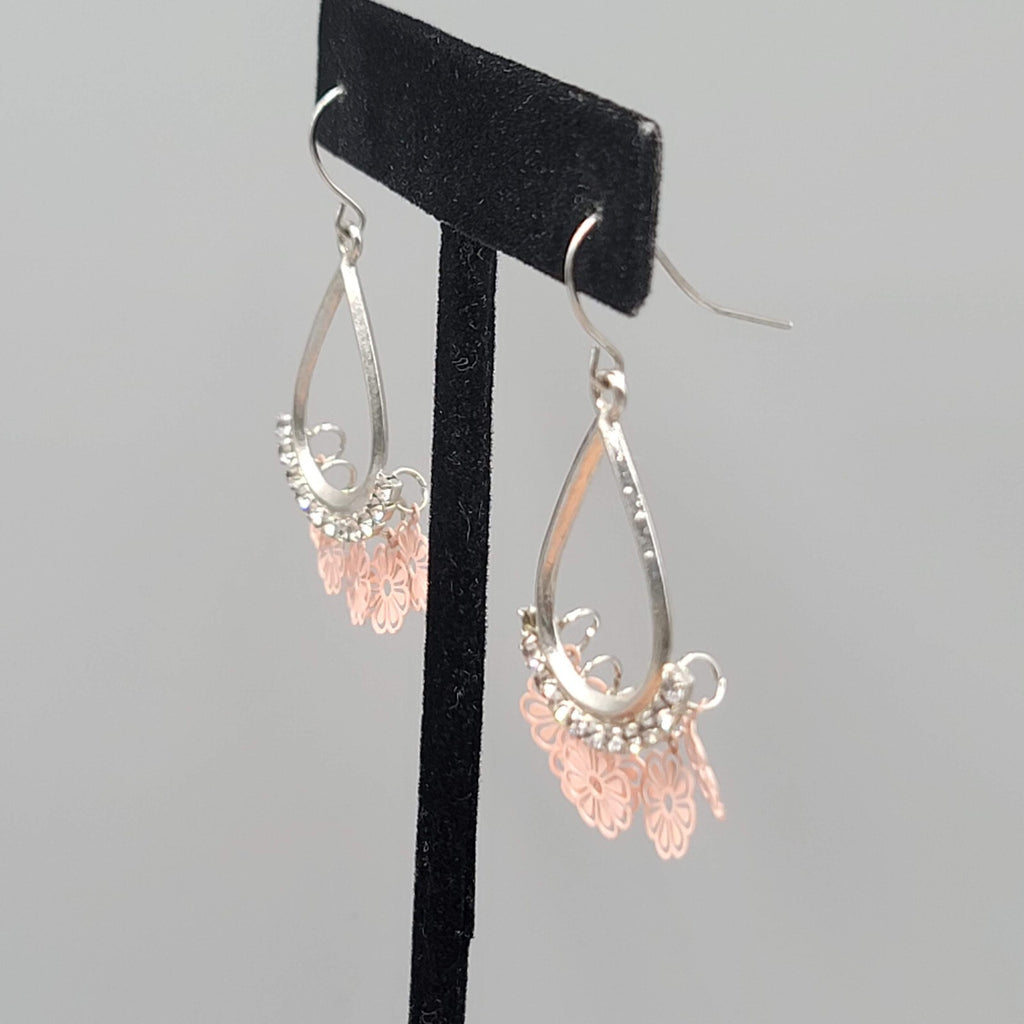 Pink Flowers Pierced Earrings Silver tone Teardrop Rhinestone Dangle 1 3/8"
