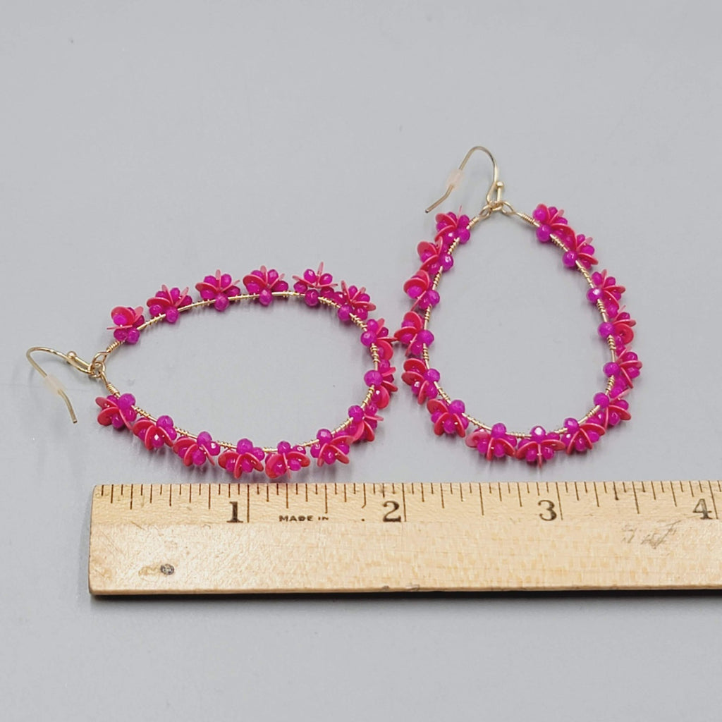 Pink Beaded Flower Teardrop Hoops Pierced Earrings Gold tone Dangle 2"