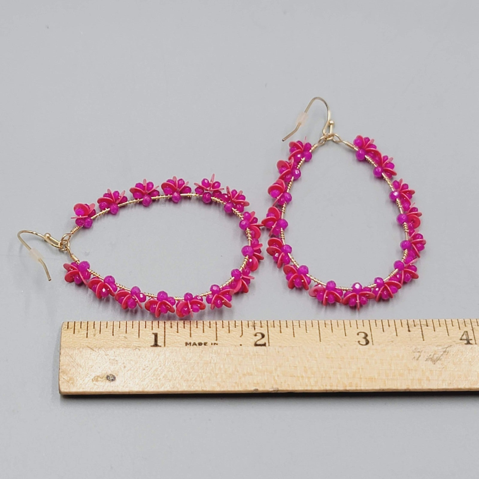 Pink Beaded Flower Teardrop Hoops Pierced Earrings Gold tone Dangle 2"